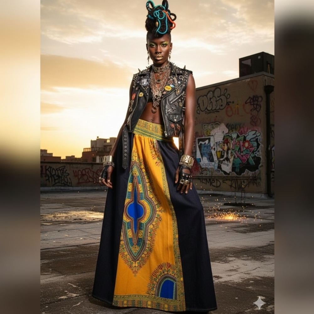 Vibrant Jessica Taylor African Print Maxi Denim Patchwork Skirt